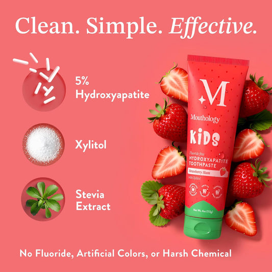 Hydroxyapatite Kids Toothpaste Fluoride Free with Xylitol, Non Toxic Fluoride Free Toothpaste for Kids, All Ages (1-3), (3-6) & (6-12) Strawberry, 4Oz