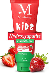 Hydroxyapatite Kids Toothpaste Fluoride Free with Xylitol, Non Toxic Fluoride Free Toothpaste for Kids, All Ages (1-3), (3-6) & (6-12) Strawberry, 4Oz