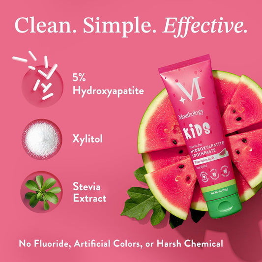 Hydroxyapatite Kids Toothpaste Fluoride Free with Xylitol, Non Toxic Fluoride Free Toothpaste for Kids, All Ages (1-3), (3-6) & (6-12) Watermelon, 4Oz